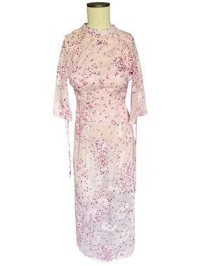 The Kat Vietnamese Ao Dai Chiffon Long Petal Pink Floral Tunic-No Pants Sz S-XS